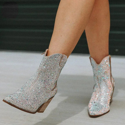 2024 Women’s Glitter High Heel Western Ankle Boots