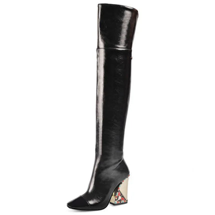 Rhinestone Cowhide Mid-Knee Heeled Boots