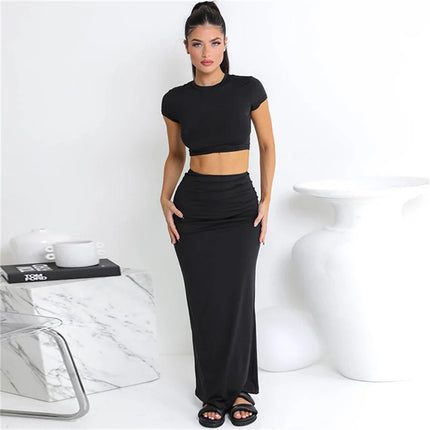 Slim Solid Two-Piece Set – Casual O-Neck Tee & Hip Skirt