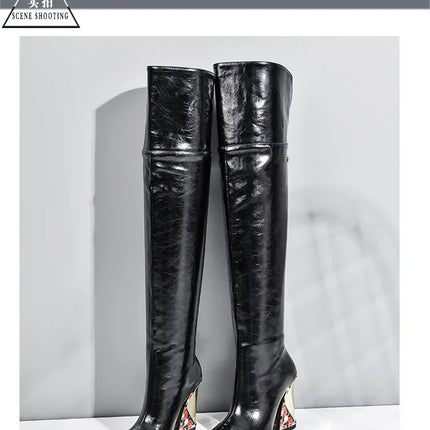 Rhinestone Cowhide Mid-Knee Heeled Boots