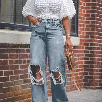 Women’s High-Waist Wide Leg Distressed Ripped Jeans