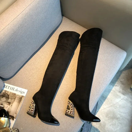 Rhinestone Cowhide Mid-Knee Heeled Boots