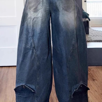 Women’s Loose High-Waist Asymmetric Button Washed Denim Jeans