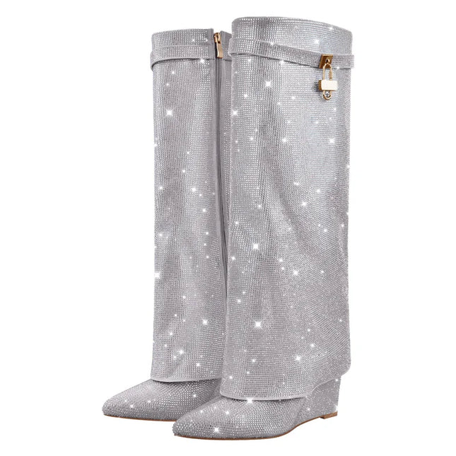 Onlymaker Women’s Rhinestone Knee-High Party Boots