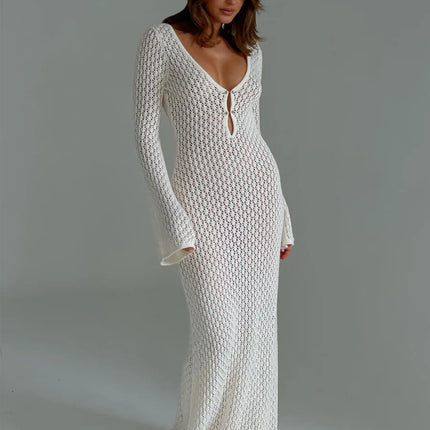 See-Through Deep V Knit Cover-Up – Sexy Backless Beach Dress