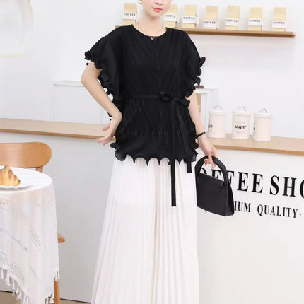 Miyake 3D Floral Pleated Set – Square Neck Top & A-Line Skirt 2025