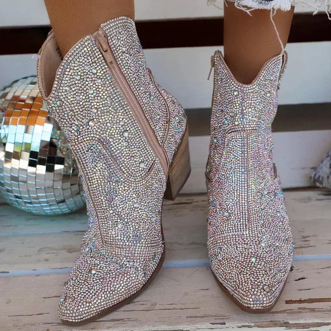 2024 Women’s Glitter High Heel Western Ankle Boots