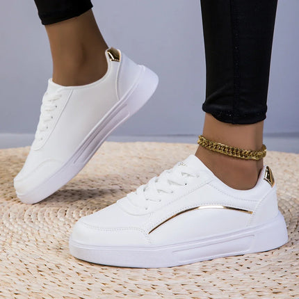 Women’s White Low-Top PU Leather Casual Sneakers