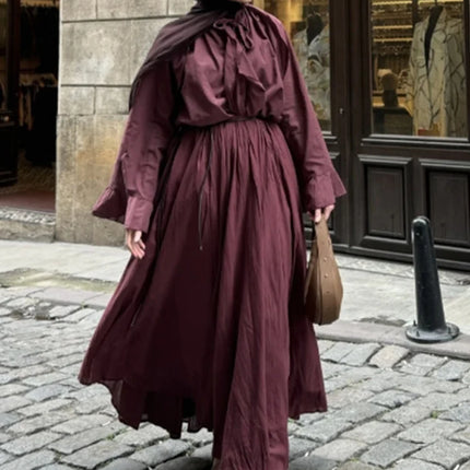 Ruffle Flare Sleeve Set – Lace-Up Shirt & Pleated High-Waist Skirt