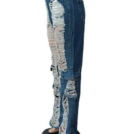 Women’s High-Waist Patchwork Hollow-Out Ripped Jeans