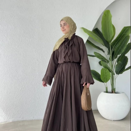 Ruffle Flare Sleeve Set – Lace-Up Shirt & Pleated High-Waist Skirt