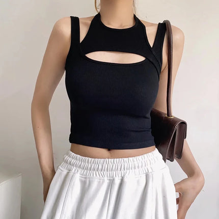 Y2K Hollow-Out Knit Corset Crop – Asymmetrical E-Girl Top