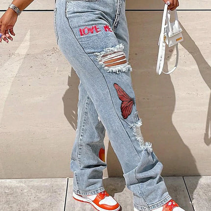 Women’s High-Waist Butterfly Print Ripped Straight Jeans