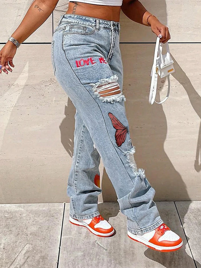 Women’s High-Waist Butterfly Print Ripped Straight Jeans