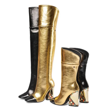 Rhinestone Cowhide Mid-Knee Heeled Boots