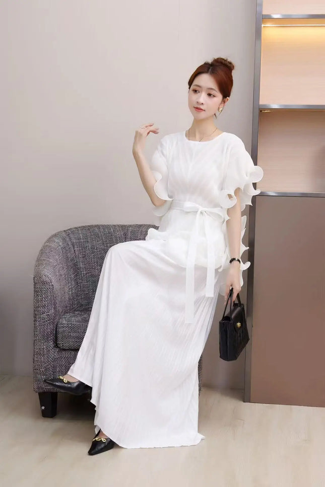Miyake 3D Floral Pleated Set – Square Neck Top & A-Line Skirt 2025