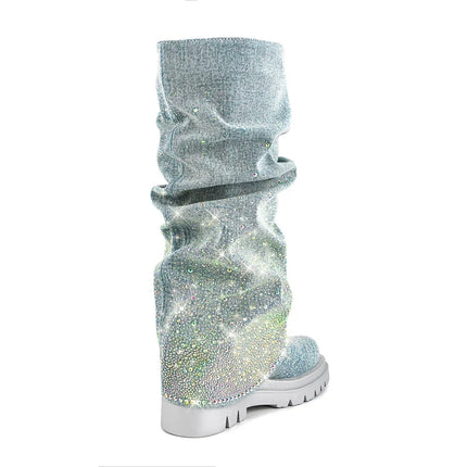 Women’s Blue Denim Pleated Platform Boots with Rhinestones