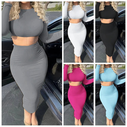 Slim Office 2PCS Set – Long Sleeve Crop Top & Mid-Calf Skirt