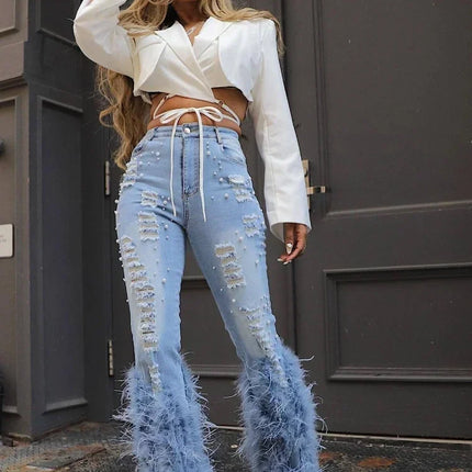 CM.YAYA Women’s Beaded Hollow-Out Feather Flare Jeans