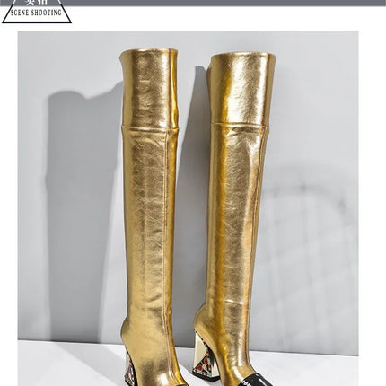 Rhinestone Cowhide Mid-Knee Heeled Boots