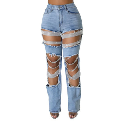 CM.YAYA Women’s Pearl Beaded Ripped Tassel Wide-Leg Jeans