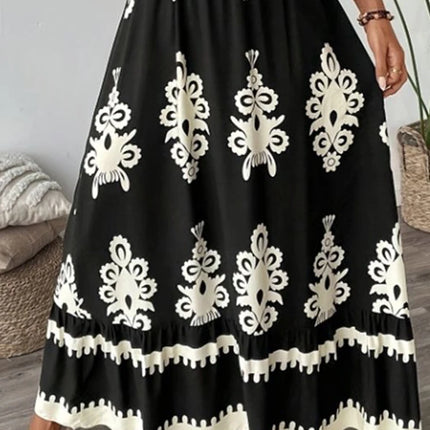 Elegant V-Neck Floral Geometric Dress – Vacation & Beachwear