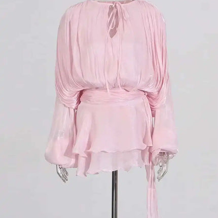 TWOTWINSTYLE V-Neck Mini Dress – Spliced Lace-Up Sweet Blouse