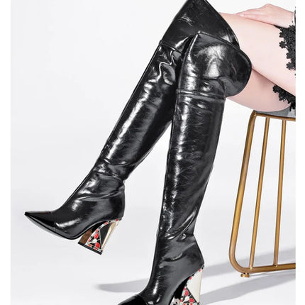 Rhinestone Cowhide Mid-Knee Heeled Boots