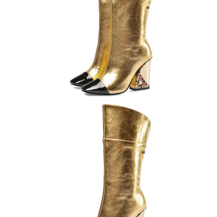 Rhinestone Cowhide Mid-Knee Heeled Boots