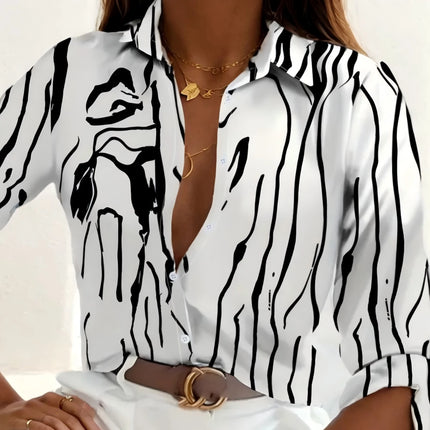 Elegant Turn-Down Collar Blouse – Vintage Slim Printed Shirt