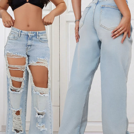Women’s Light Blue Extreme Ripped Wide-Leg Jeans