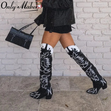 Onlymaker Women’s Wide-Calf Knee-High Embroidered Cowboy Boots