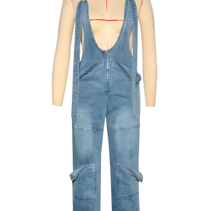 CM.YAYA Women’s Safari Style Wide-Leg Cargo Denim Overalls