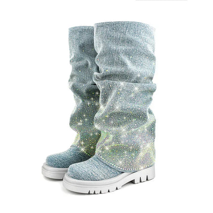 Women’s Blue Denim Pleated Platform Boots with Rhinestones