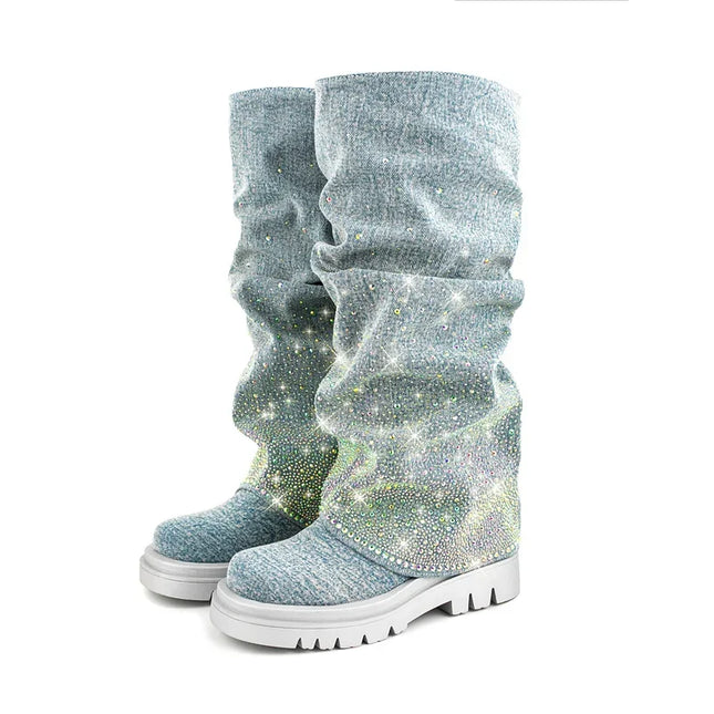Women’s Blue Denim Pleated Platform Boots with Rhinestones