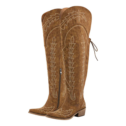 Onlymaker Women’s Red Thigh-High Embroidered Cowboy Boots