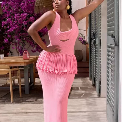 Women’s Hollow-Out Knitted Maxi Dress with Tassel Hem