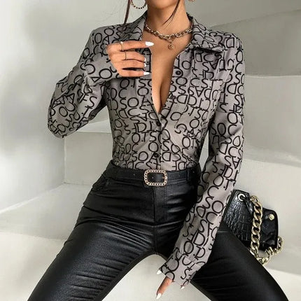 Elegant Turn-Down Collar Blouse – Vintage Slim Printed Shirt