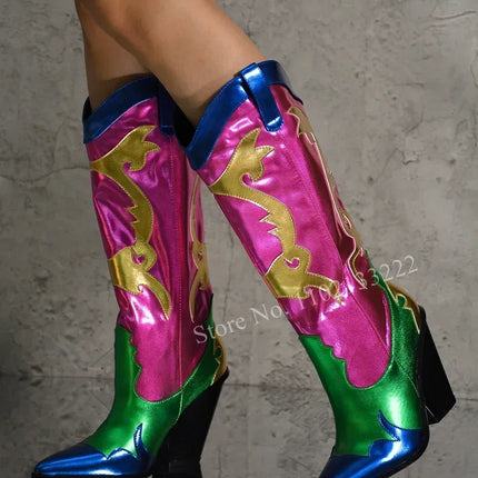 Women’s Retro Multicolor Mid-Calf Chunky Heel Boots
