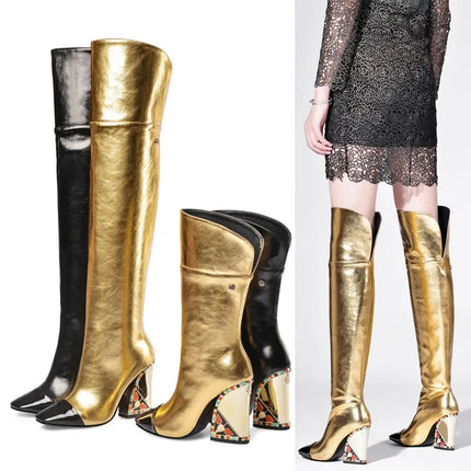 Rhinestone Cowhide Mid-Knee Heeled Boots