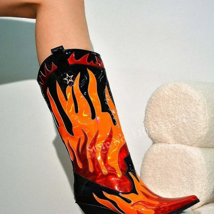 Women’s Retro Multicolor Mid-Calf Chunky Heel Boots