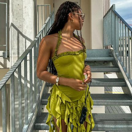 Hugcitar Ruffled Halter Backless Mini – Elegant Spring Dress