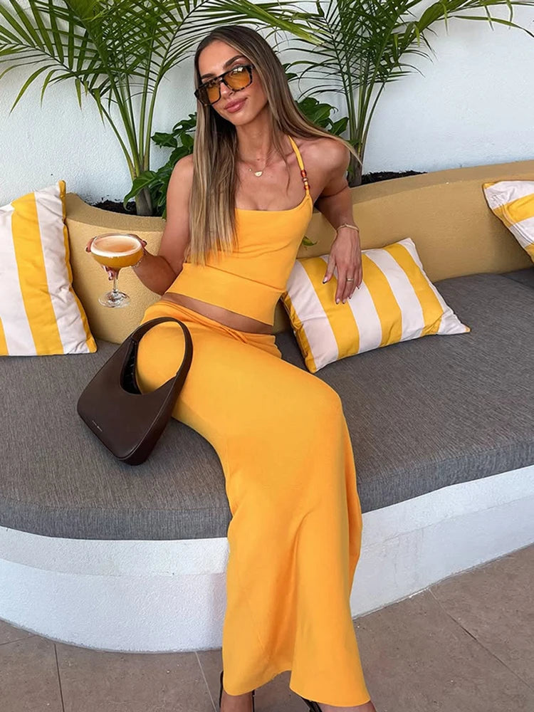 Sisterlinda Bandage Halter Set – Backless Tank & Maxi Skirt Suit