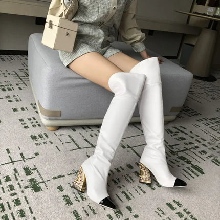 Rhinestone Cowhide Mid-Knee Heeled Boots