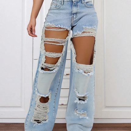 Women’s Light Blue Extreme Ripped Wide-Leg Jeans