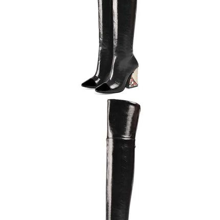 Rhinestone Cowhide Mid-Knee Heeled Boots