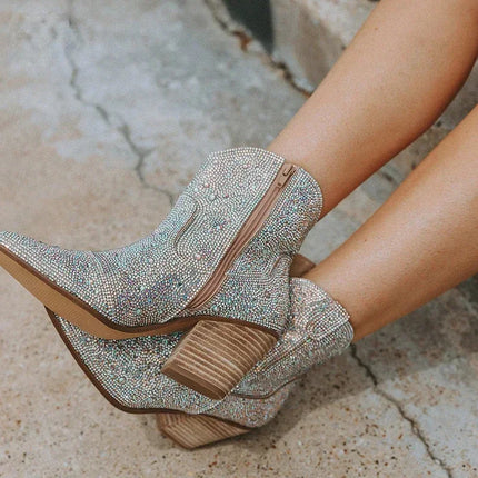 2024 Women’s Glitter High Heel Western Ankle Boots