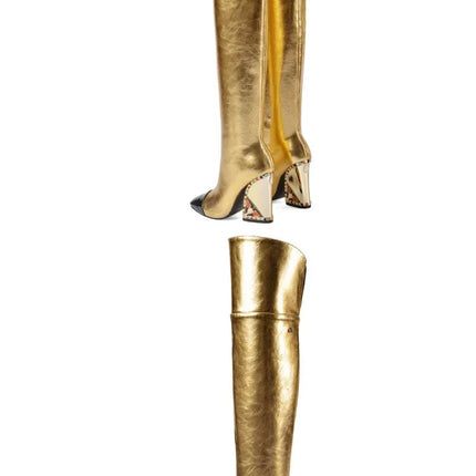 Rhinestone Cowhide Mid-Knee Heeled Boots