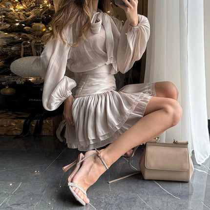 2025 Elegant Bow Lace-Up Set – O-Neck Lantern Sleeve Top & Pleated Skirt