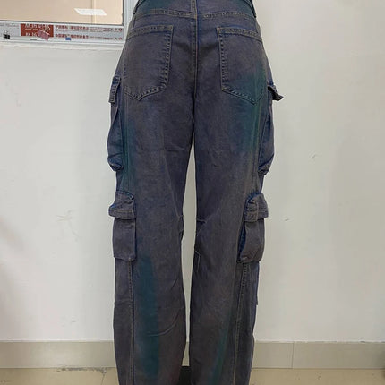 Vintage Women’s High-Waist Wide-Leg Cargo Jeans with Multi Pockets